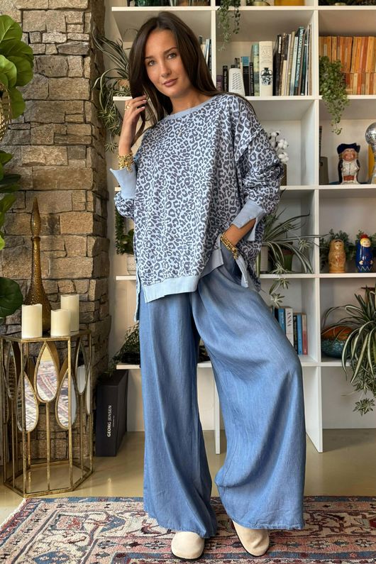 Washed Chambray Palazzo Jean Mid